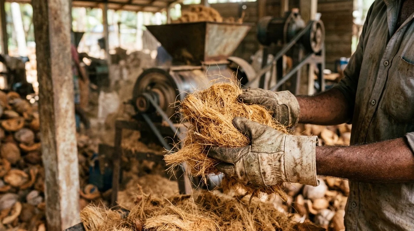 Coir fiber extraction in progress