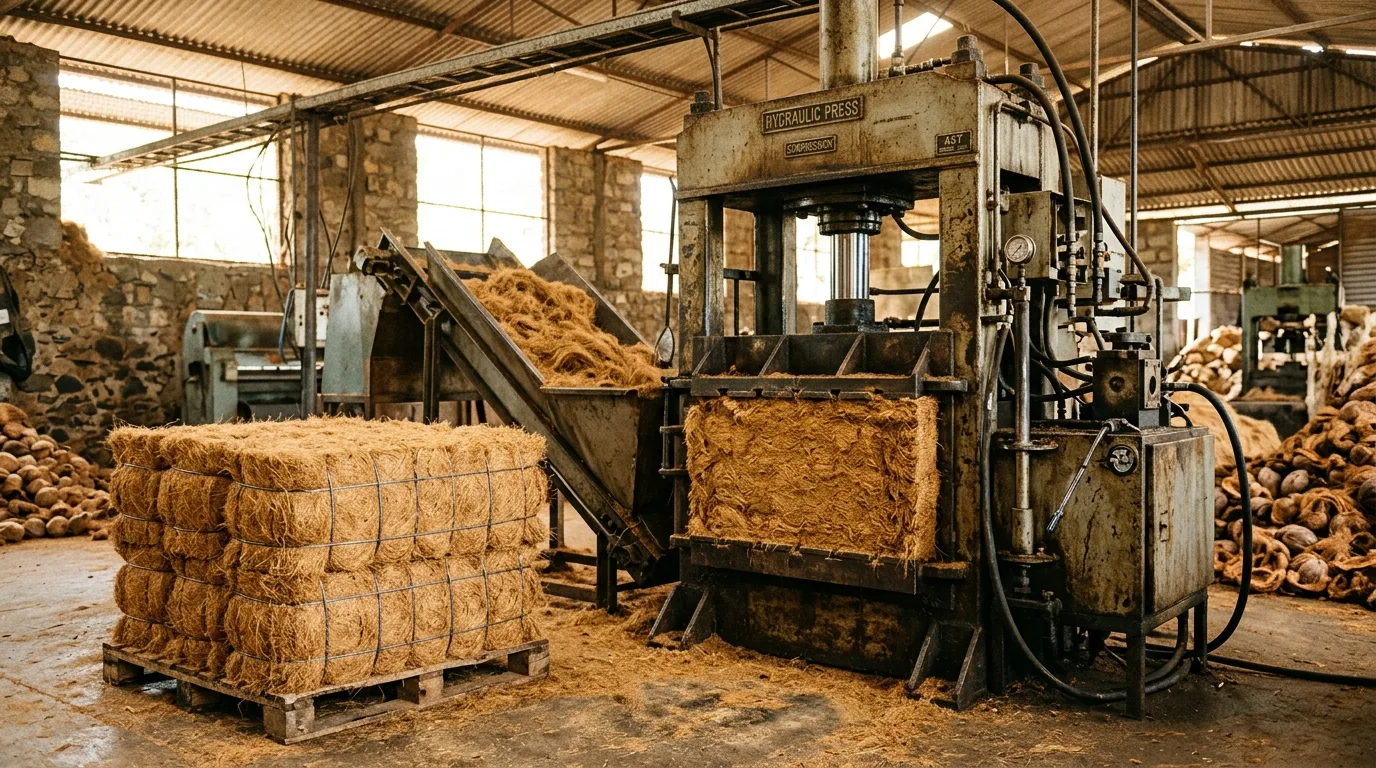 Baling and pressing coir fiber