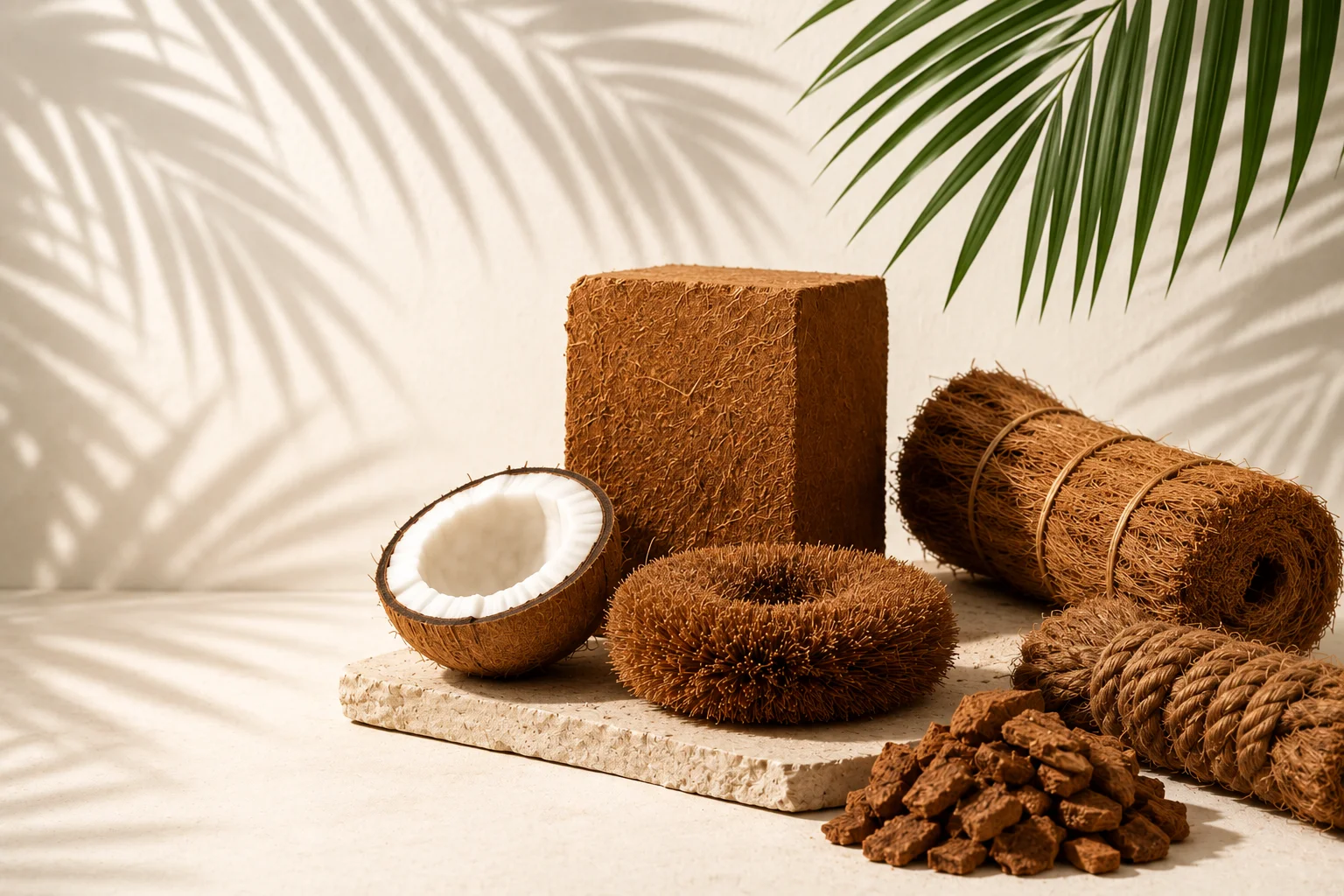 Coconut, coco block, husk chips, coir brush, and rope arranged on a cream studio backdrop